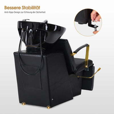 BarberPub poltrona da barbiere con lavabo, poggiagambe pieghevole, lavabo per parrucchiere in ceramica regolabile, poltrona lavatesta per spa e salone, postazione lavatesta 8670 (nero-oro/ecopelle)