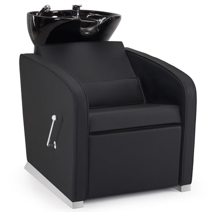 Fauteuil de barbier BarberPub avec lavabo, repose-jambes pliable, lavabo réglable en céramique, fauteuil de lavage pour salon de coiffure, station de lavage pour salon de spa 8679 (noir/similicuir)
