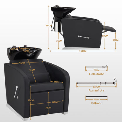 Fauteuil de barbier BarberPub avec lavabo, repose-jambes pliable, lavabo réglable en céramique, fauteuil de lavage pour salon de coiffure, station de lavage pour salon de spa 8679 (noir/similicuir)