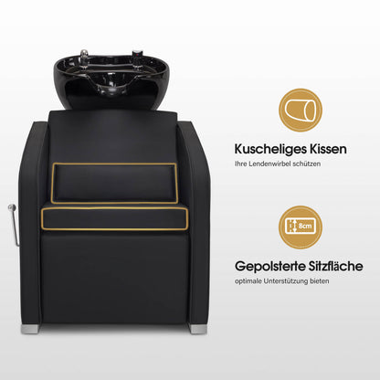 Fauteuil de barbier BarberPub avec lavabo, repose-jambes pliable, lavabo réglable en céramique, fauteuil de lavage pour salon de coiffure, station de lavage pour salon de spa 8679 (noir/similicuir)