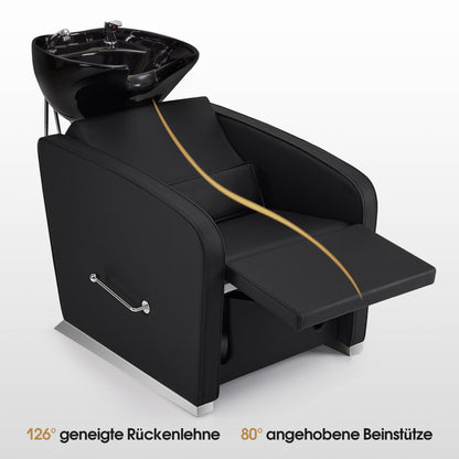 Fauteuil de barbier BarberPub avec lavabo, repose-jambes pliable, lavabo réglable en céramique, fauteuil de lavage pour salon de coiffure, station de lavage pour salon de spa 8679 (noir/similicuir)