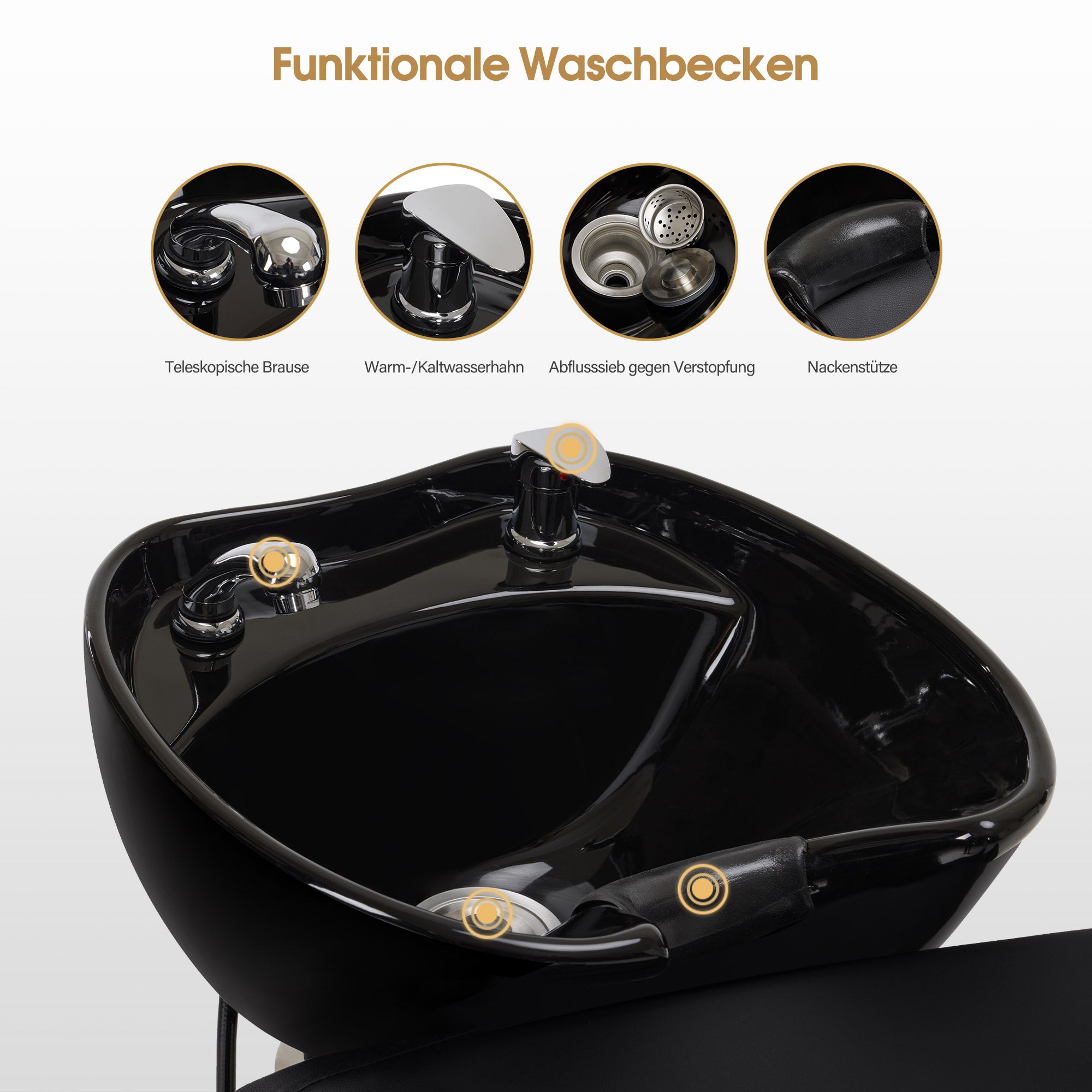 Fauteuil de barbier BarberPub avec lavabo, repose-jambes pliable, lavabo réglable en céramique, fauteuil de lavage pour salon de coiffure, station de lavage pour salon de spa 8679 (noir/similicuir)