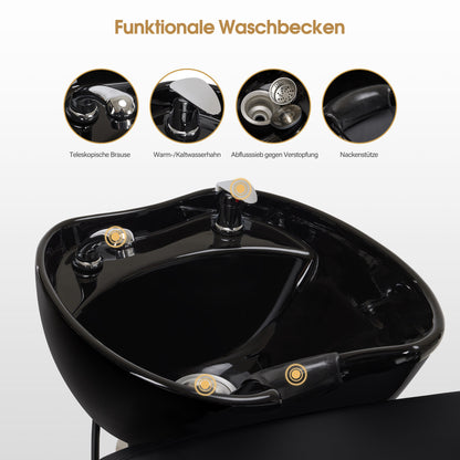 Fauteuil de barbier BarberPub avec lavabo, repose-jambes pliable, lavabo réglable en céramique, fauteuil de lavage pour salon de coiffure, station de lavage pour salon de spa 8679 (noir/similicuir)