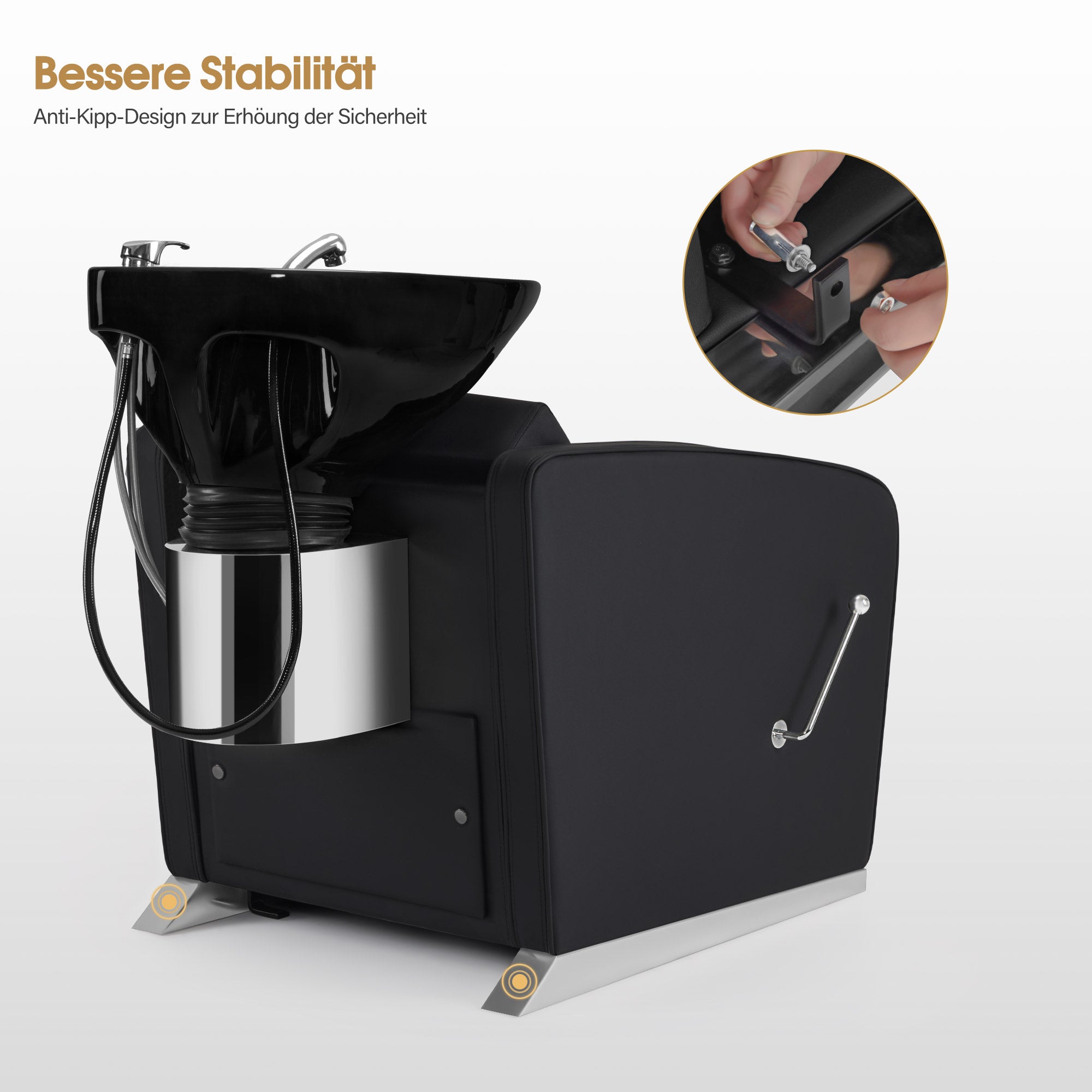Fauteuil de barbier BarberPub avec lavabo, repose-jambes pliable, lavabo réglable en céramique, fauteuil de lavage pour salon de coiffure, station de lavage pour salon de spa 8679 (noir/similicuir)