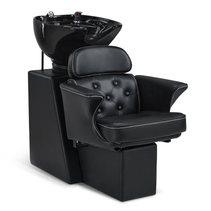 BarberPub Barber Chair with Washbasin &amp; Tilting Backrest, Adjustable Ceramic Barber Washbasin, Modern Barber Wash Chair for SPA Salon, Barber Wash Station 8692 (Black/Faux Leather)
