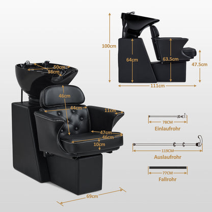 BarberPub Barber Chair with Washbasin &amp; Tilting Backrest, Adjustable Ceramic Barber Washbasin, Modern Barber Wash Chair for SPA Salon, Barber Wash Station 8692 (Black/Faux Leather)