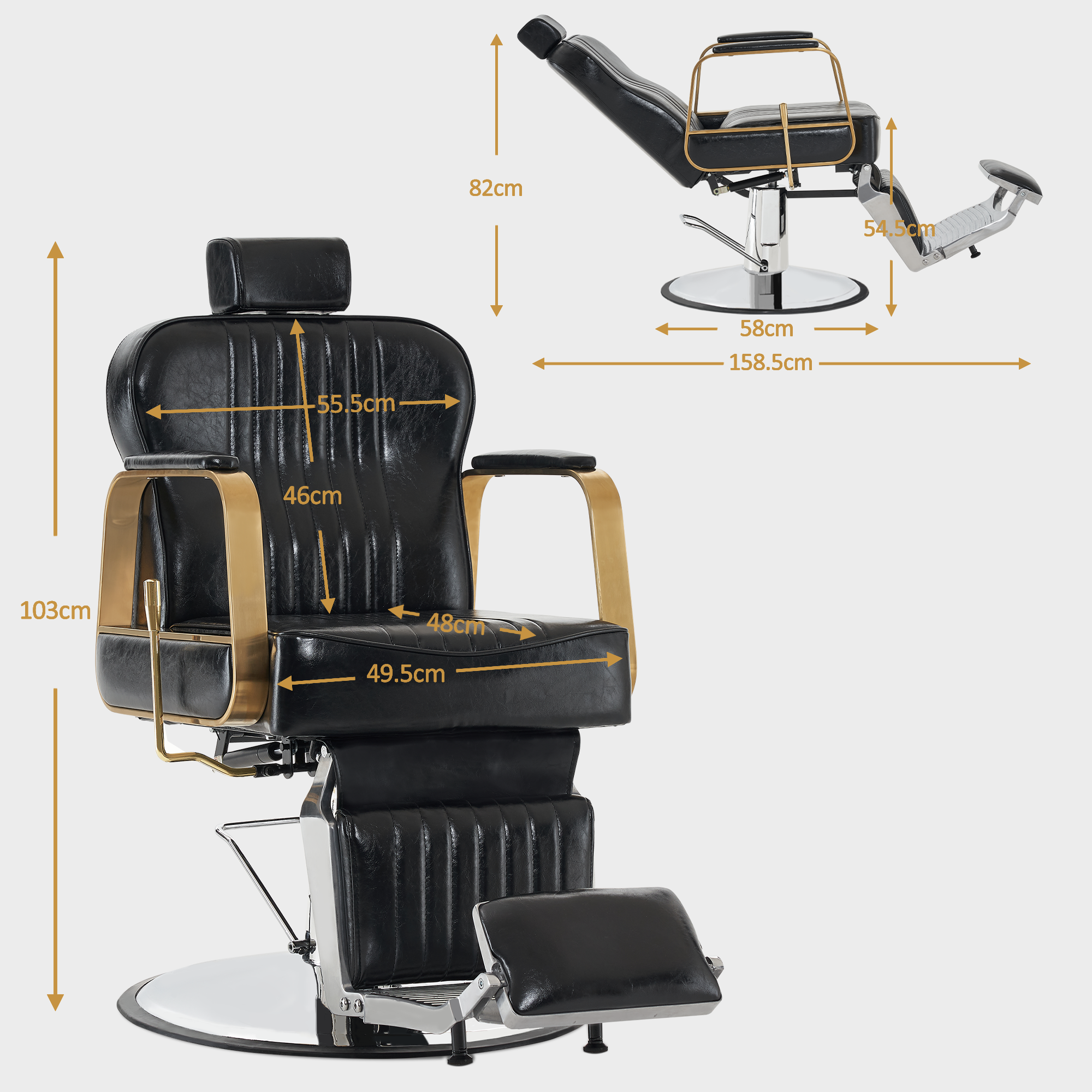Fauteuil de coiffure inclinable et réglable en hauteur, pivotant à 360°, avec appui-tête, style rétro, pompe hydraulique, similicuir, 9238 (noir) 