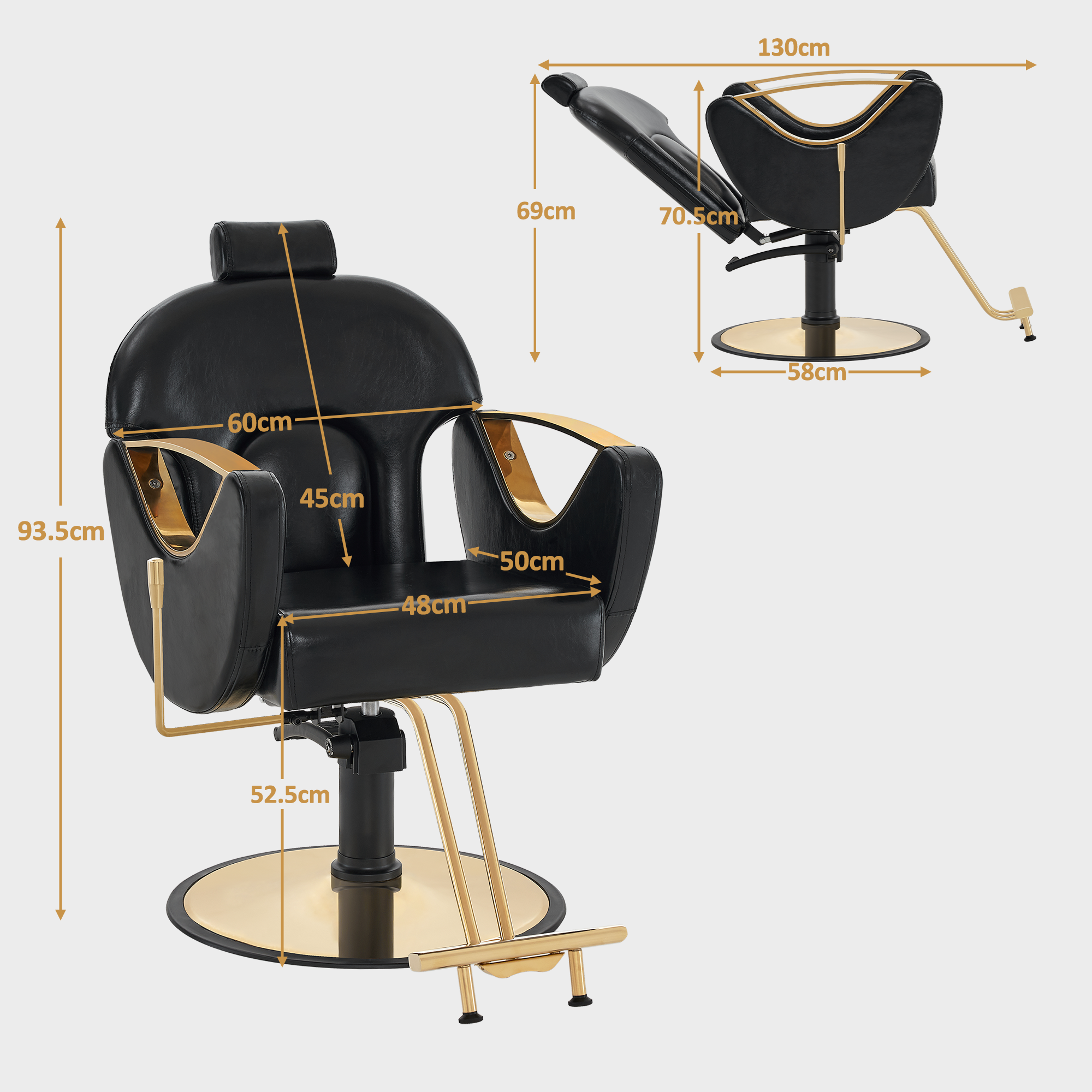Fauteuil de coiffure Barberpub avec appui-tête, réglable en hauteur et pivotant à 360°, équipement de coiffure inclinable, fauteuil opératoire hydraulique en similicuir, 9578 (doré-noir) 