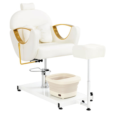BarberPub Fauteuil de Pédicure avec Bassine et Tabouret de Pédicure, Fauteuil de Coiffure avec Accoudoirs Laqués Or, Réglable en Hauteur et Inclinable, Fauteuil de Soin des Pieds pour Salon de Manucure F0325 (Or-Blanc)