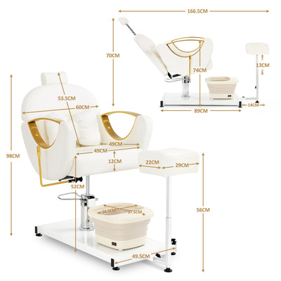 BarberPub Fauteuil de Pédicure avec Bassine et Tabouret de Pédicure, Fauteuil de Coiffure avec Accoudoirs Laqués Or, Réglable en Hauteur et Inclinable, Fauteuil de Soin des Pieds pour Salon de Manucure F0325 (Or-Blanc)