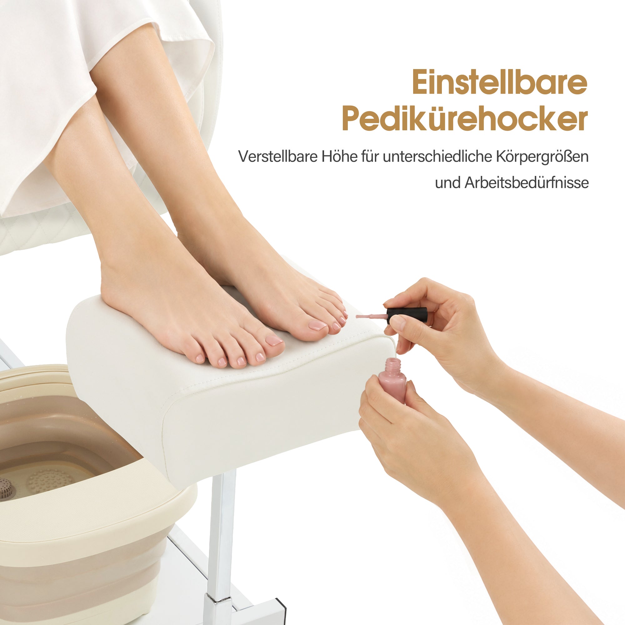 BarberPub Pediküre Stuhl mit Fußbadewanne & Pediküre Hocker, Friseurstuhl mit Goldlackierten Armlehnen, Höhenverstellbar & Kippbar, Fußpflegestuhl für Nagelstudio F0325 (Gold-Weiß)