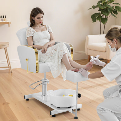 Fauteuil de pédicure BarberPub avec bain de pieds, fauteuil de coiffure réglable en hauteur et inclinable, fauteuil de soins des pieds pour salon de manucure rétro F0371 (doré et blanc)