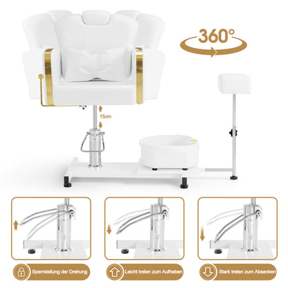 Fauteuil de pédicure BarberPub avec bain de pieds, fauteuil de coiffure réglable en hauteur et inclinable, fauteuil de soins des pieds pour salon de manucure rétro F0371 (doré et blanc)