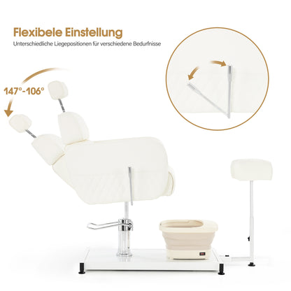 BarberPub Pediküre Stuhl mit Fußbadewanne & Pediküre Hocker, Friseurstuhl Höhenverstellbar & Kippbar, Rückenlehne & Kopfstütze Ausziehbar, Fußpflegestuhl für Nagelstudio F0380 (Weiß)