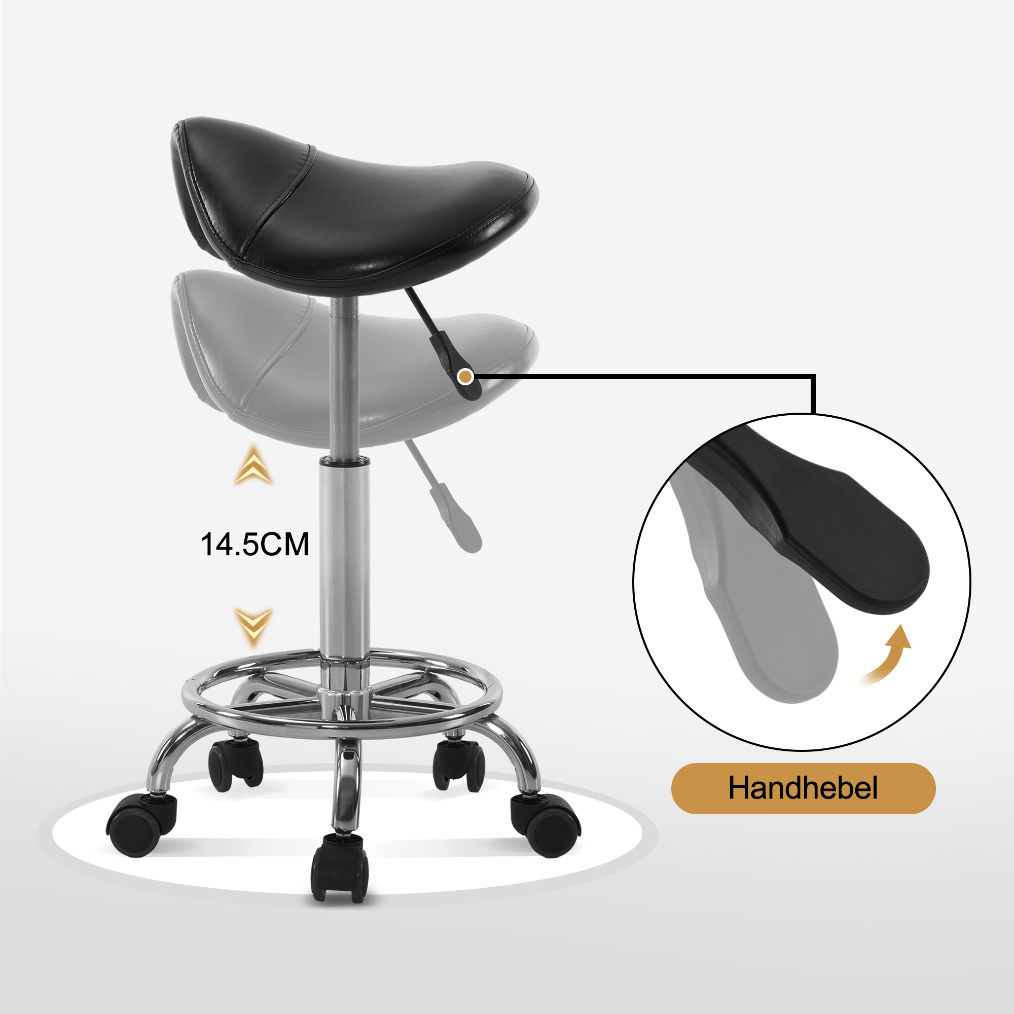 Barberpub Rolling Stool Saddle Stool Height Adjustable, Office Stool with Wheels, Stool for Study Office Salon, Ergonomic Office Chair, H110 (Black)