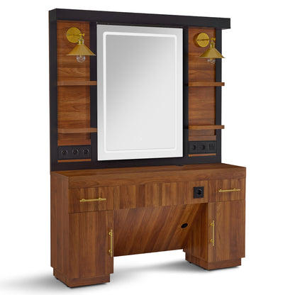 BarberPub hairdressing station with 2 drawers, dressing table with mirror, service station with 4 shelves &amp; 2 cabinets, wooden mirror cabinet, modern mirror table, hairdressing equipment, 3167 (brown)