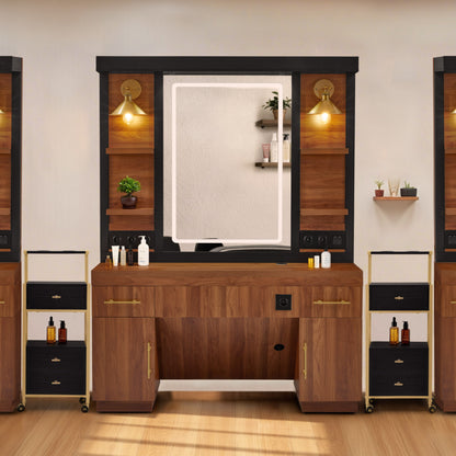BarberPub hairdressing station with 2 drawers, dressing table with mirror, service station with 4 shelves &amp; 2 cabinets, wooden mirror cabinet, modern mirror table, hairdressing equipment, 3167 (brown)