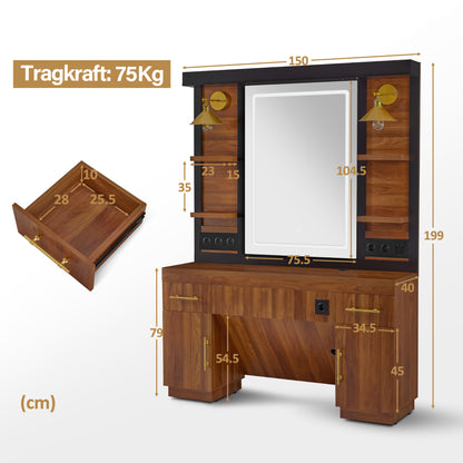 BarberPub hairdressing station with 2 drawers, dressing table with mirror, service station with 4 shelves &amp; 2 cabinets, wooden mirror cabinet, modern mirror table, hairdressing equipment, 3167 (brown)