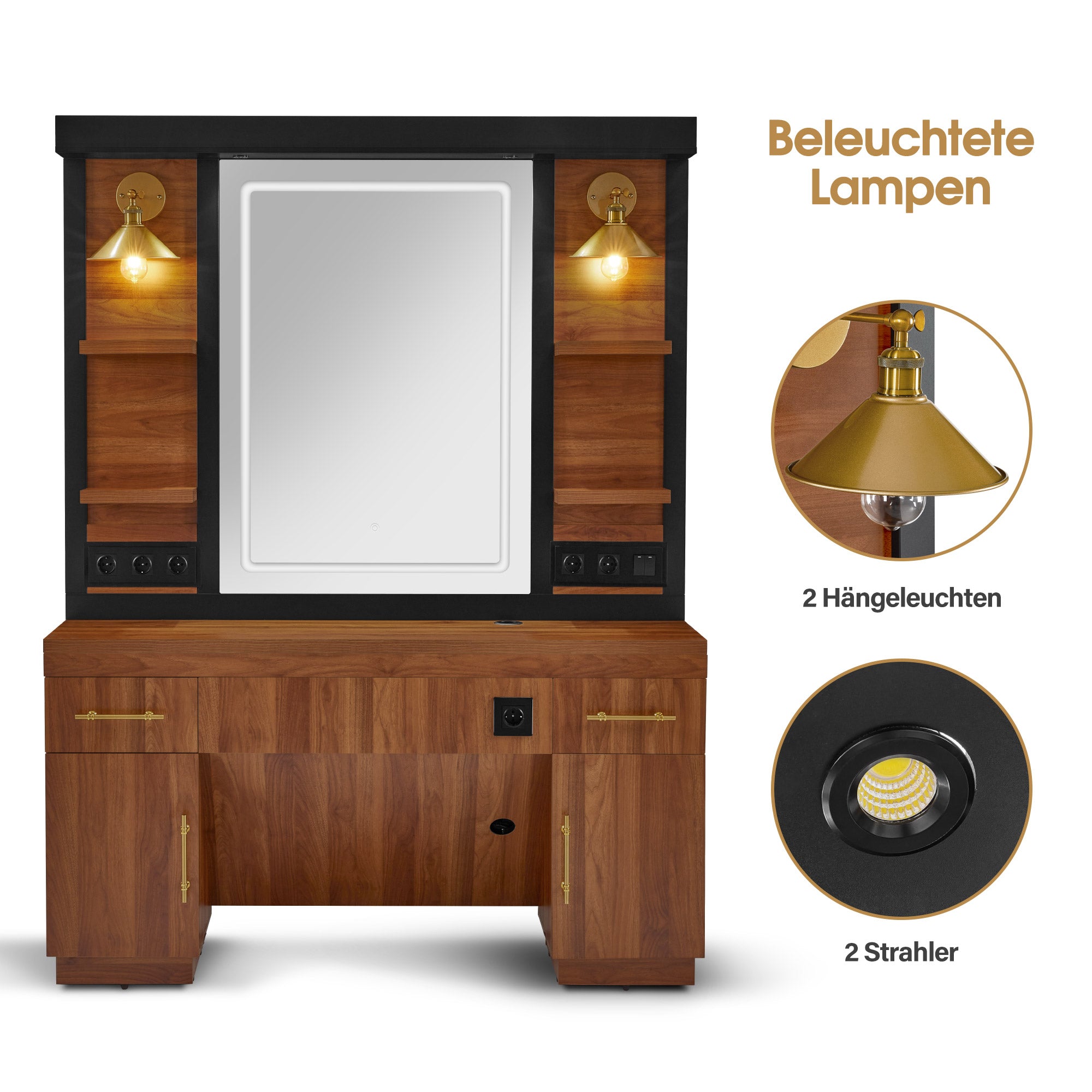 BarberPub hairdressing station with 2 drawers, dressing table with mirror, service station with 4 shelves &amp; 2 cabinets, wooden mirror cabinet, modern mirror table, hairdressing equipment, 3167 (brown)
