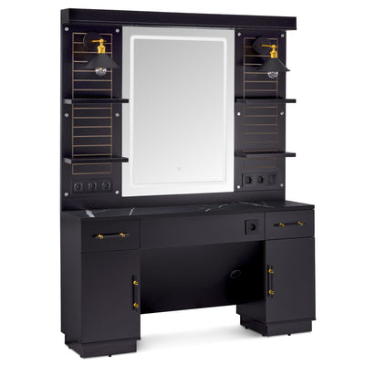 Postazione da barbiere BarberPub con 2 cassetti, tavolo da trucco con specchio, postazione operativa con 4 ripiani e 2 armadietti, armadietto a specchio in legno, tavolo con specchio e illuminazione, arredamento per parrucchiere, 3169 (Nero)