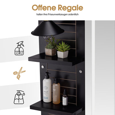 Postazione da barbiere BarberPub con 2 cassetti, tavolo da trucco con specchio, postazione operativa con 4 ripiani e 2 armadietti, armadietto a specchio in legno, tavolo con specchio e illuminazione, arredamento per parrucchiere, 3169 (Nero)