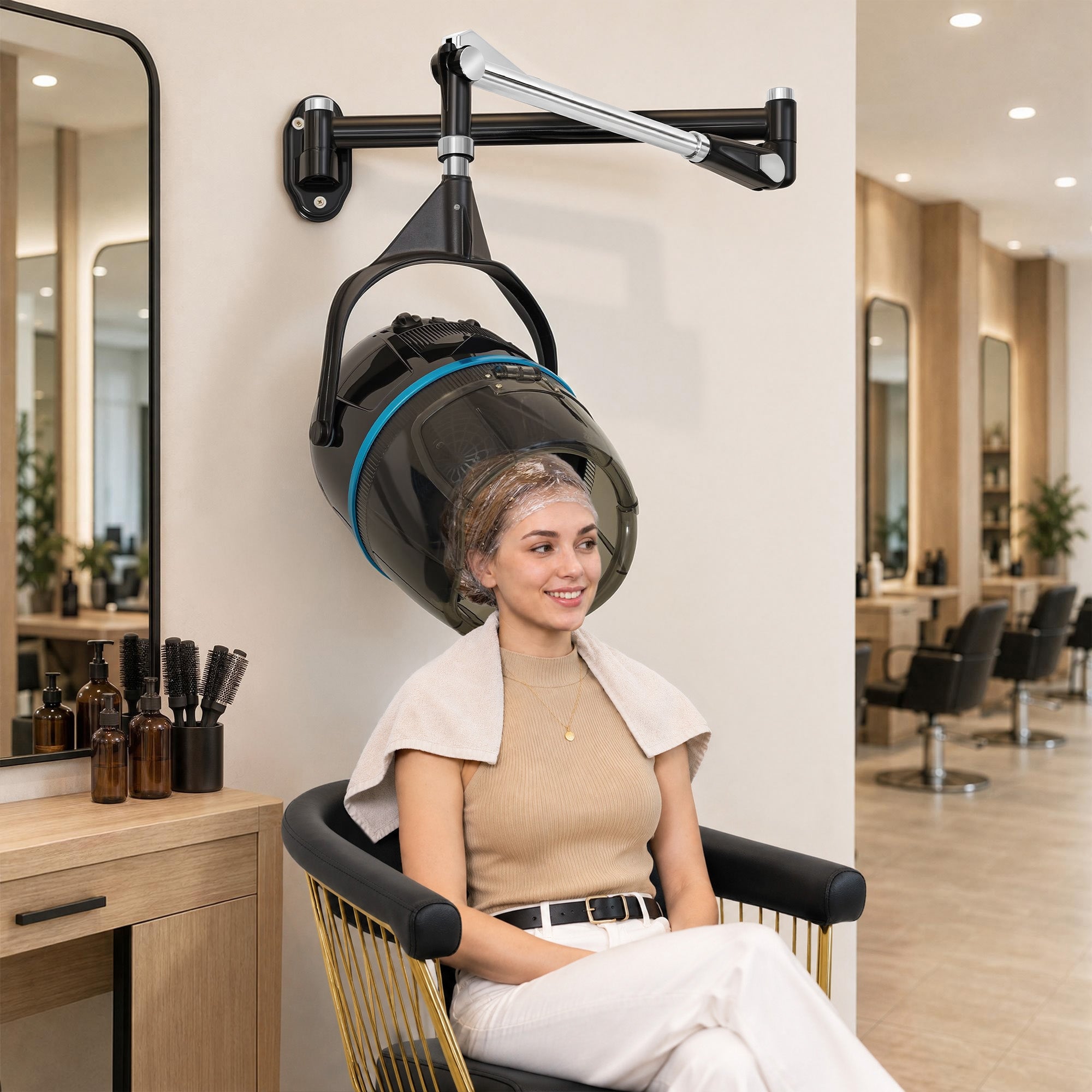 BarberPub casco asciugacapelli da parete, cuffia asciugacapelli da 1100 W, casco sospeso, estensibile orizzontalmente fino a 148,5 cm, casco per asciugatura con temperatura regolabile da 0 a 75 °C e timer di 60 min, regolabile, TR272 (Nero)