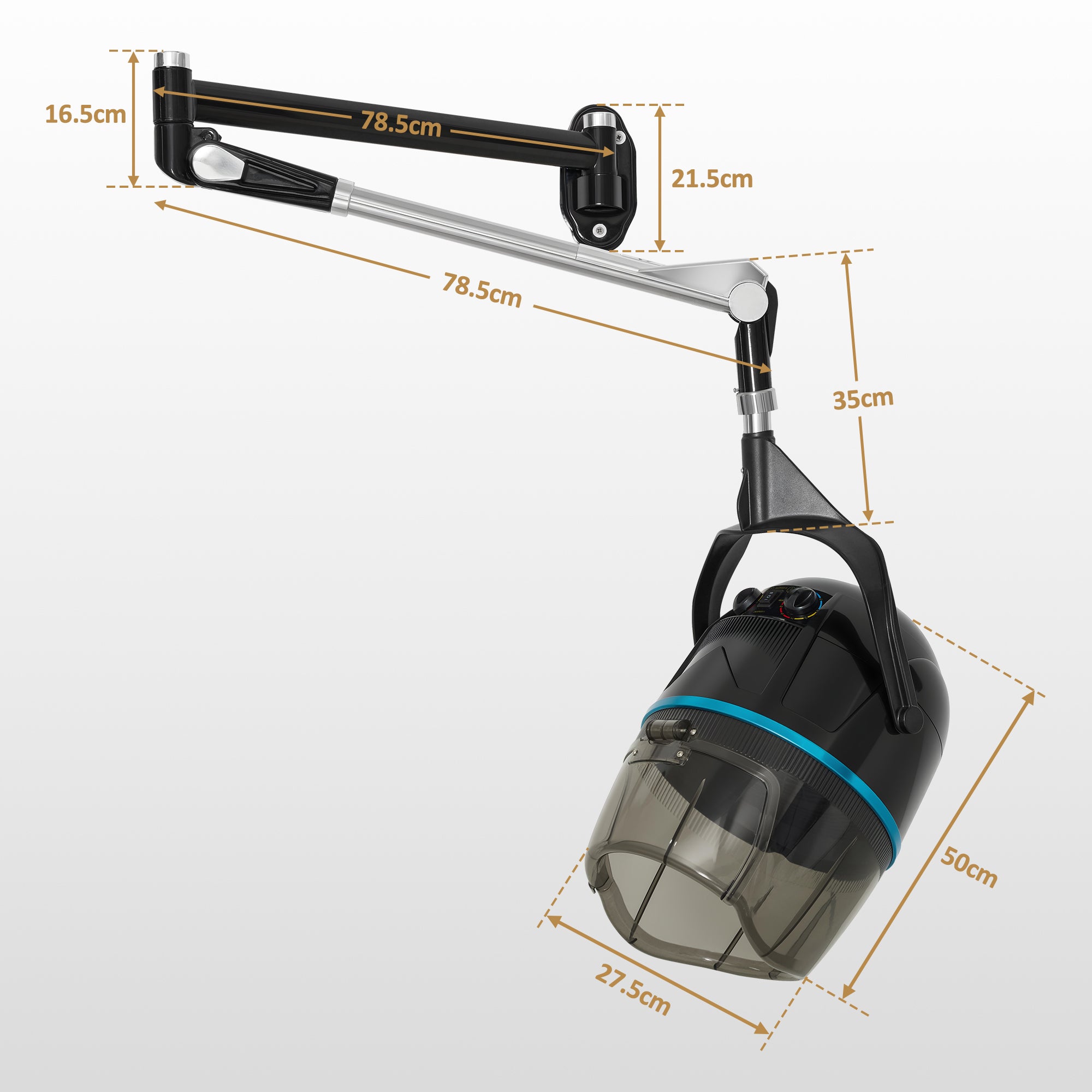 BarberPub casco asciugacapelli da parete, cuffia asciugacapelli da 1100 W, casco sospeso, estensibile orizzontalmente fino a 148,5 cm, casco per asciugatura con temperatura regolabile da 0 a 75 °C e timer di 60 min, regolabile, TR272 (Nero)
