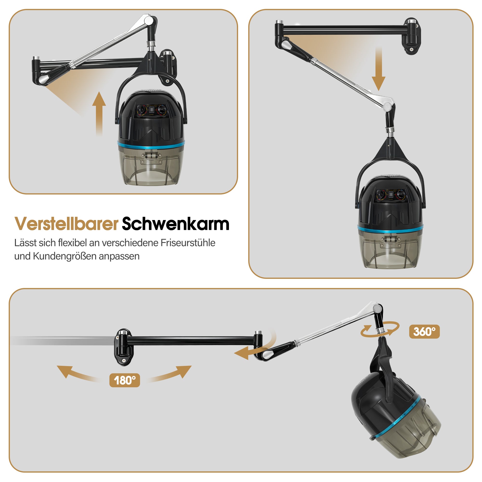 BarberPub Wandmontage Trockenhaube für Haare, 1100W Trockenhaube Schwebehaube, Horizontal ausziehbar 148,5 cm, Föhnhaube mit 0-75°C & 60 Min Timer Verstellbar, Friseurhaube für Salon TR272 (Schwarz)