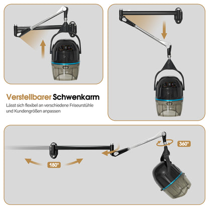 BarberPub Wandmontage Trockenhaube für Haare, 1100W Trockenhaube Schwebehaube, Horizontal ausziehbar 148,5 cm, Föhnhaube mit 0-75°C & 60 Min Timer Verstellbar, Friseurhaube für Salon TR272 (Schwarz)