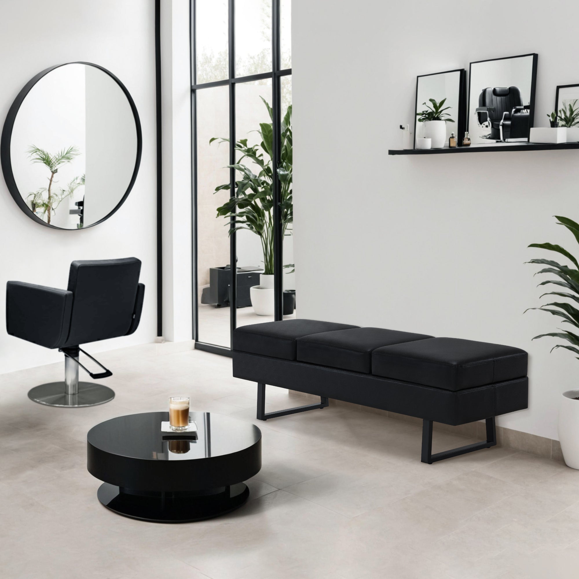 BarberPub 3-seater bench for hair salon, width 153 cm, hairdresser waiting bench, upholstered bedroom bench, bed bench for living room, shoe bench hallway bench, W513 (black/faux leather)