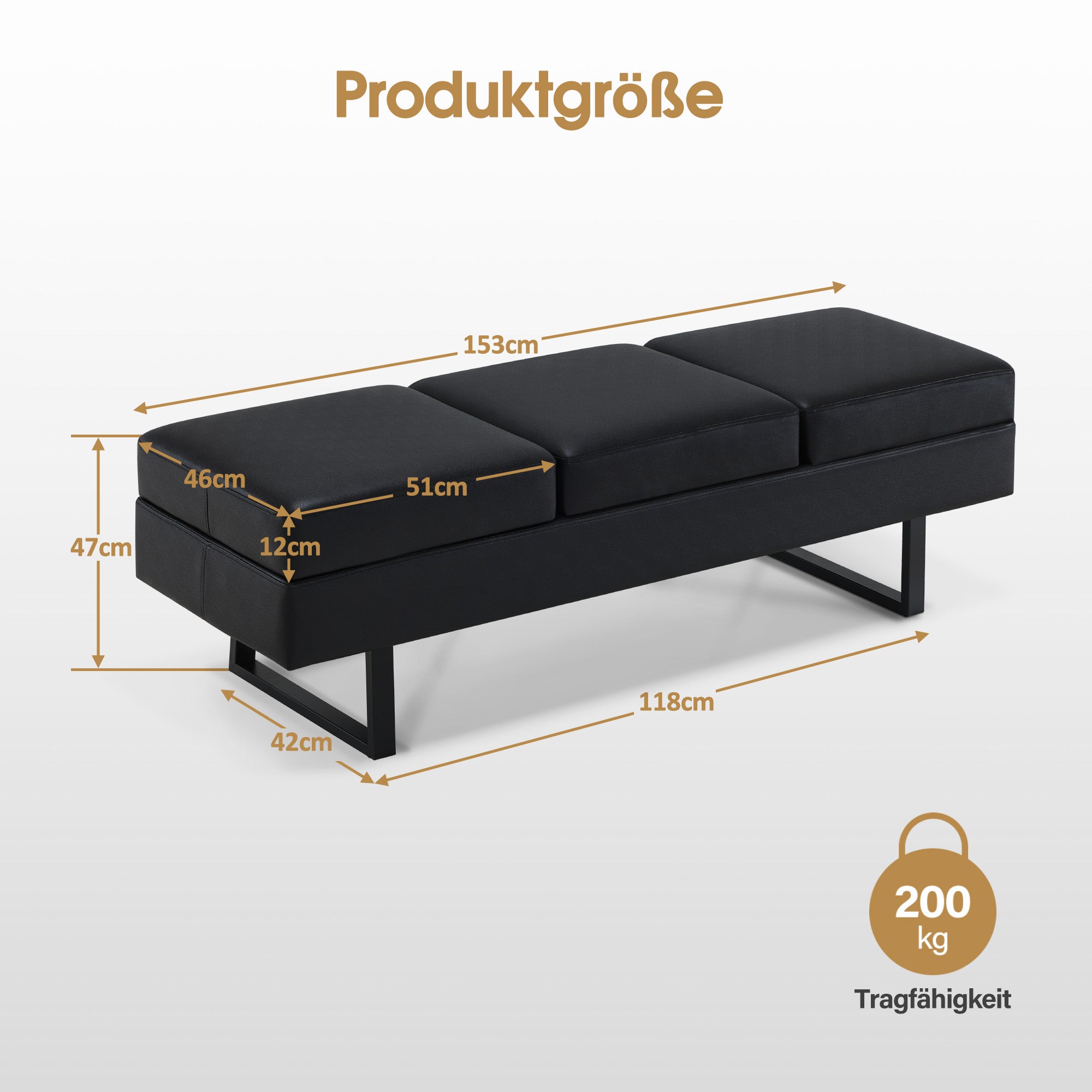 BarberPub 3-seater bench for hair salon, width 153 cm, hairdresser waiting bench, upholstered bedroom bench, bed bench for living room, shoe bench hallway bench, W513 (black/faux leather)