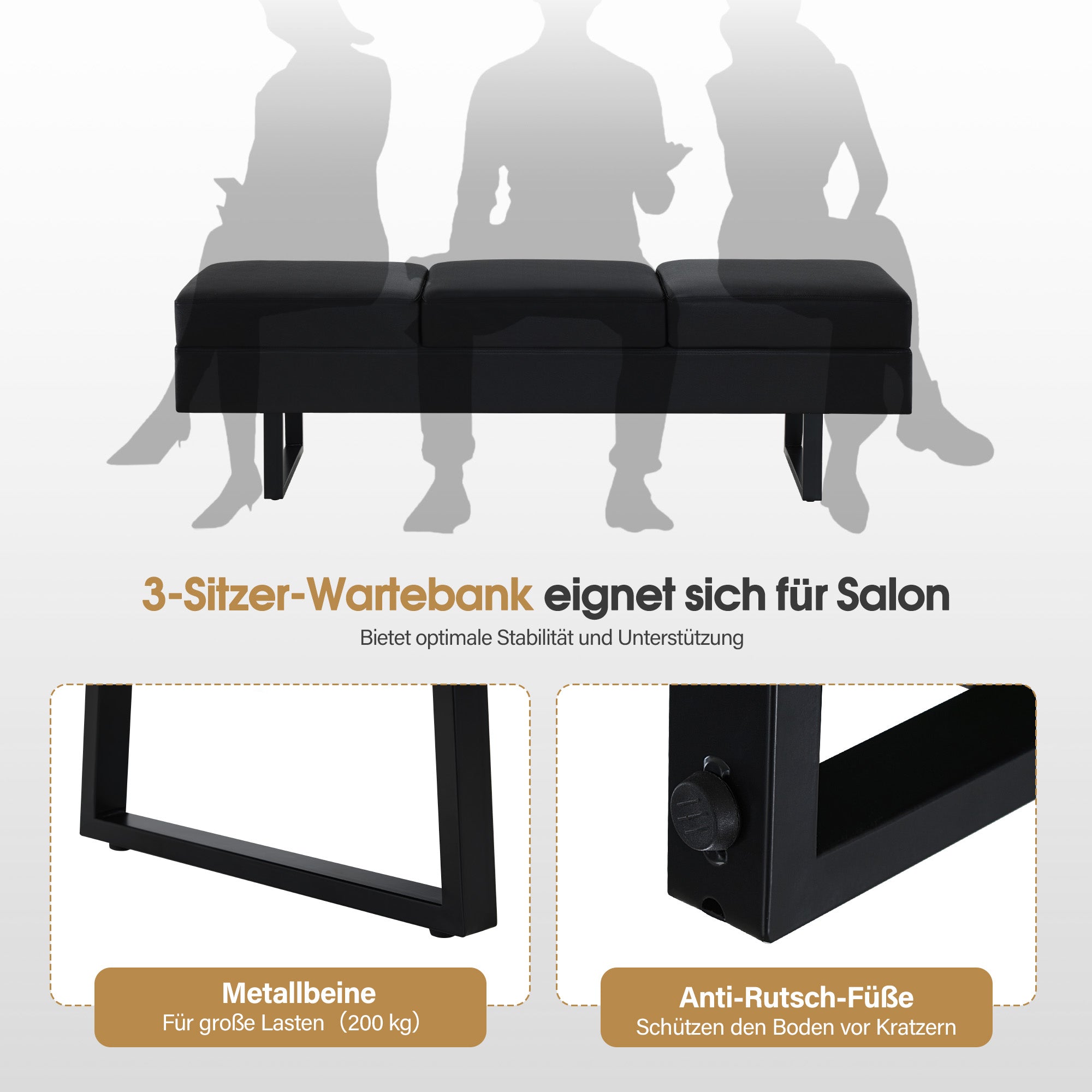BarberPub 3-seater bench for hair salon, width 153 cm, hairdresser waiting bench, upholstered bedroom bench, bed bench for living room, shoe bench hallway bench, W513 (black/faux leather)