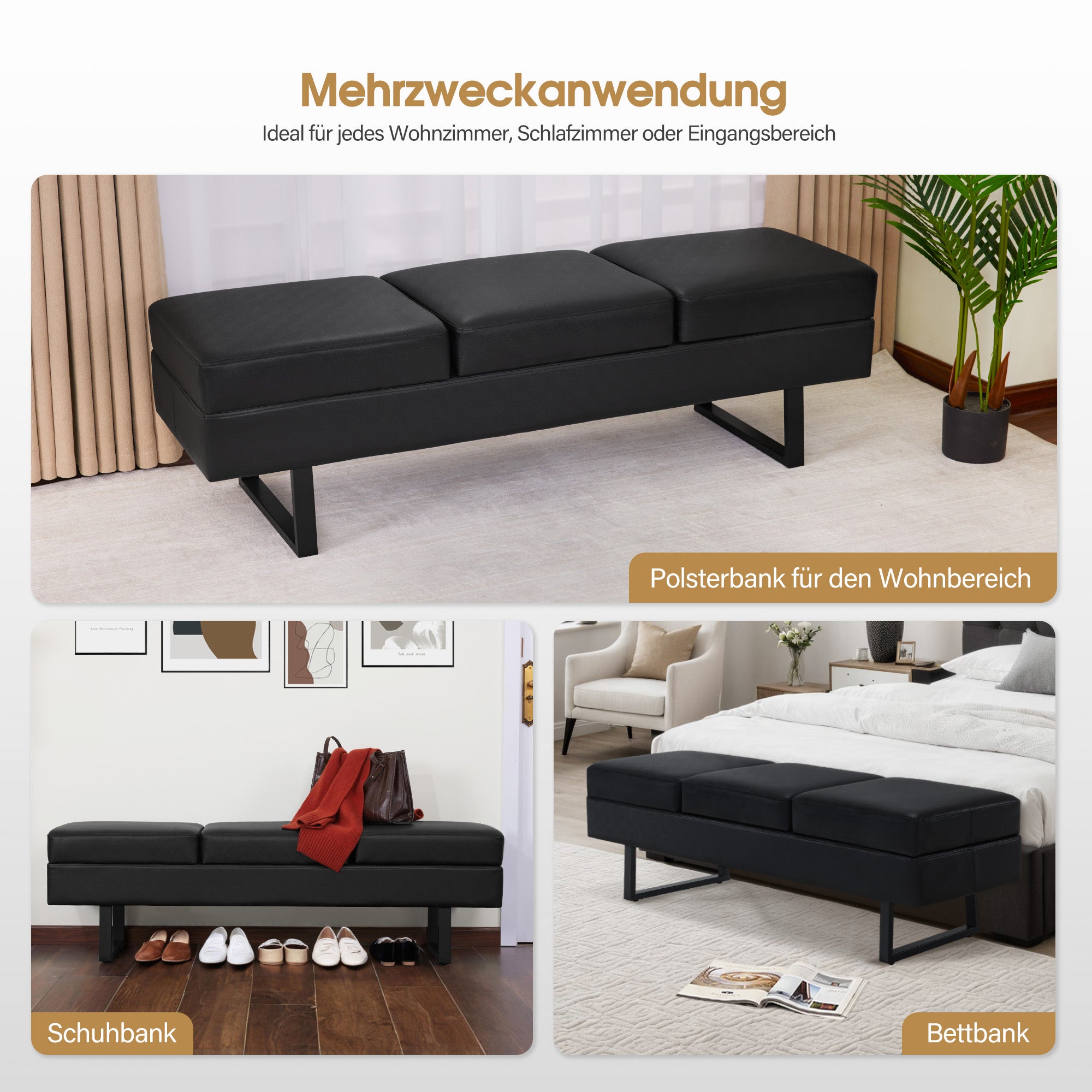 BarberPub 3-seater bench for hair salon, width 153 cm, hairdresser waiting bench, upholstered bedroom bench, bed bench for living room, shoe bench hallway bench, W513 (black/faux leather)