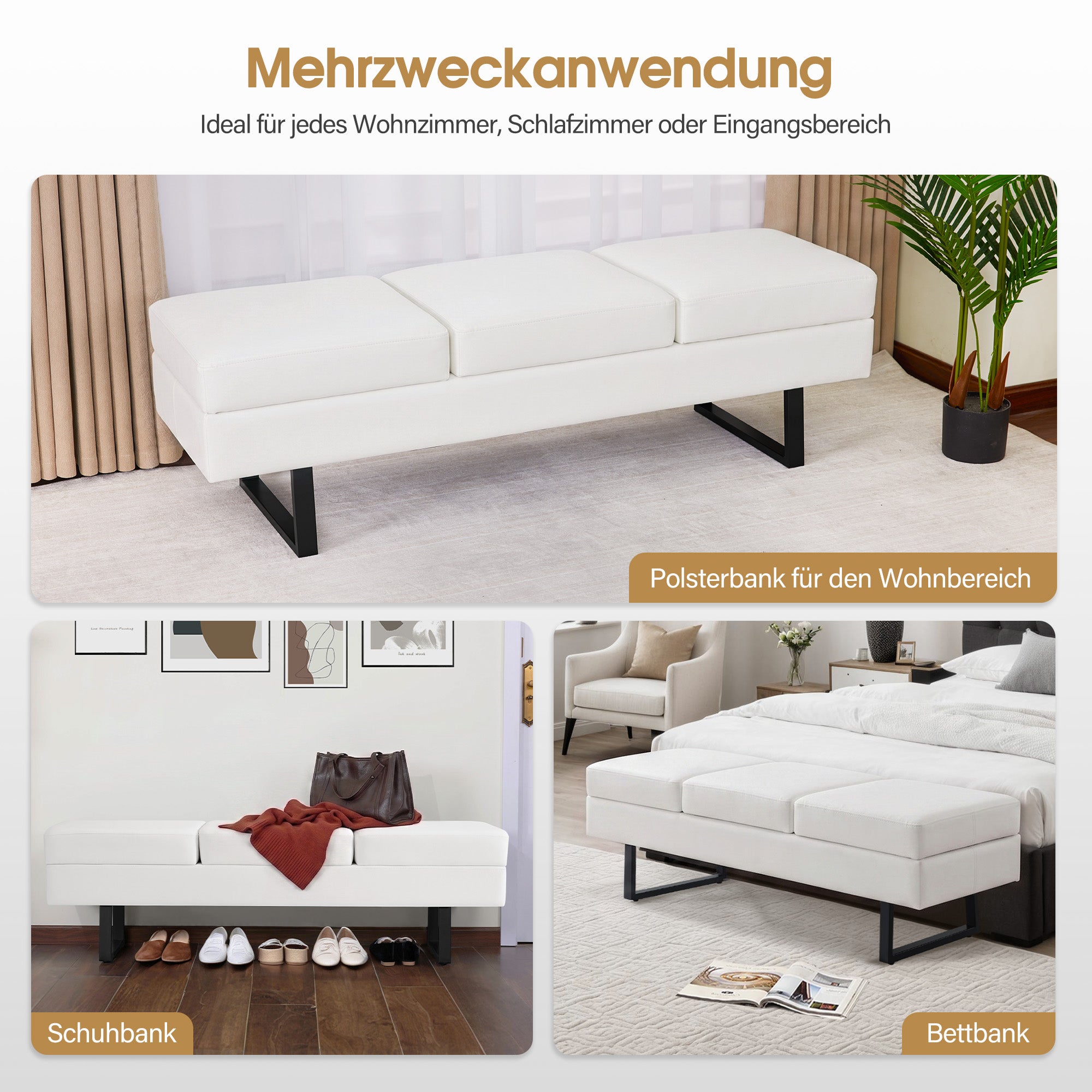 BarberPub 3-Sitzer Sitzbank für Friseursalon, Breite 153 cm, Wartebank Friseur, Polsterbank Schlafzimmer, Bettbank für Wohnzimmer, Schuhbank Flurbank, W513 (Kunstleder)