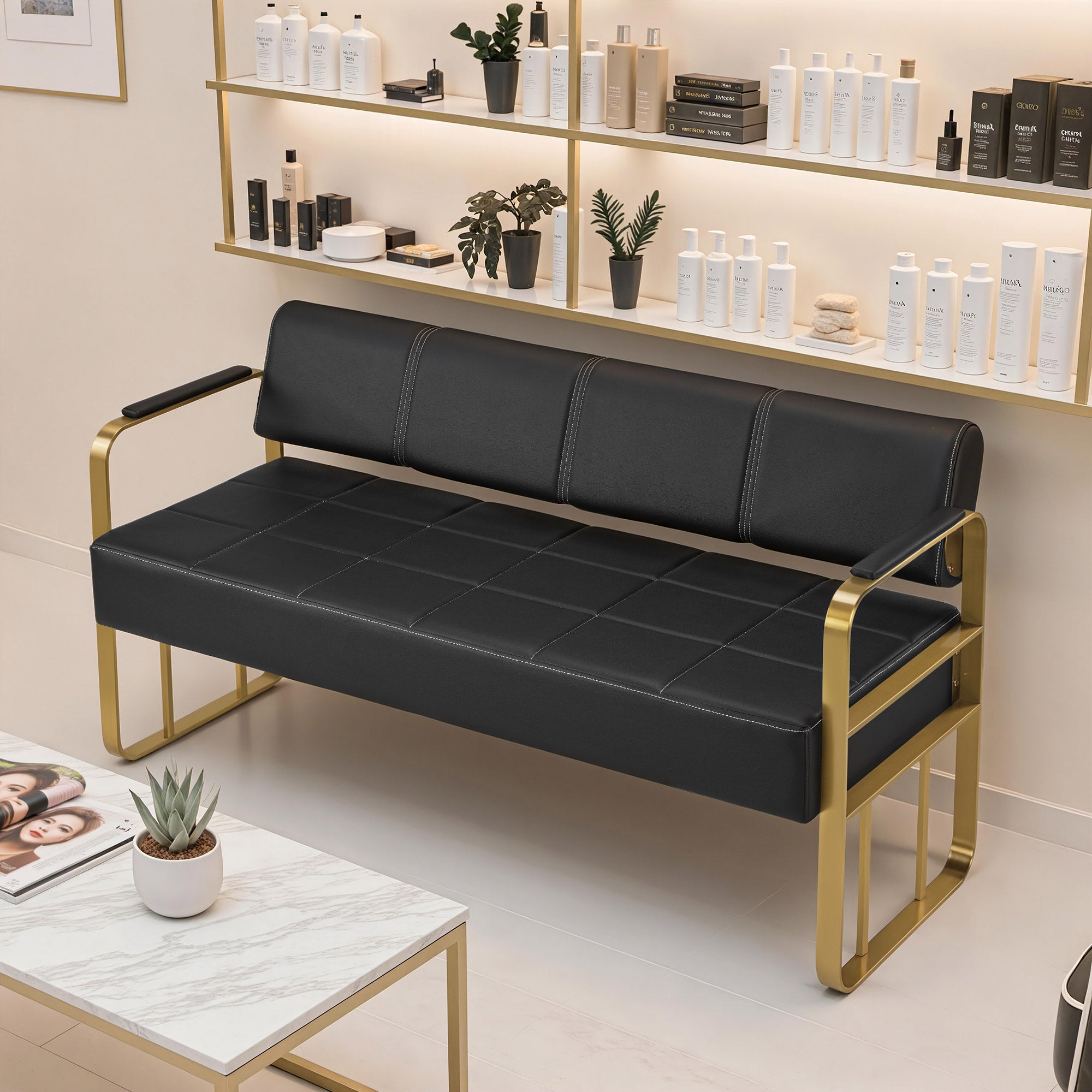 Barberpub 3-Seater Bench with Armrests, Upholstered Bench with Backrest Waiting Bench Hairdresser, Living Room Bench, Hair Salon Furniture W528
