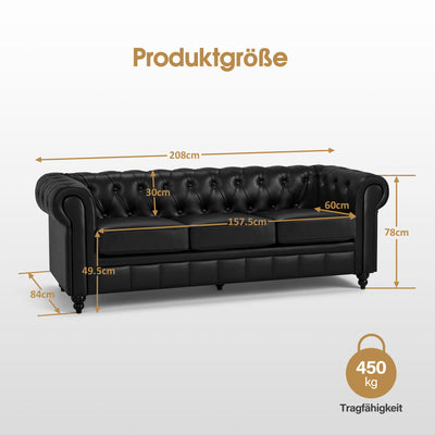 Divano Chesterfield BarberPub a 3 posti da 208 cm, panca d’attesa da parrucchiere vintage, panca con schienale e braccioli, divano a 3 posti, arredamento classico per parrucchieri W536