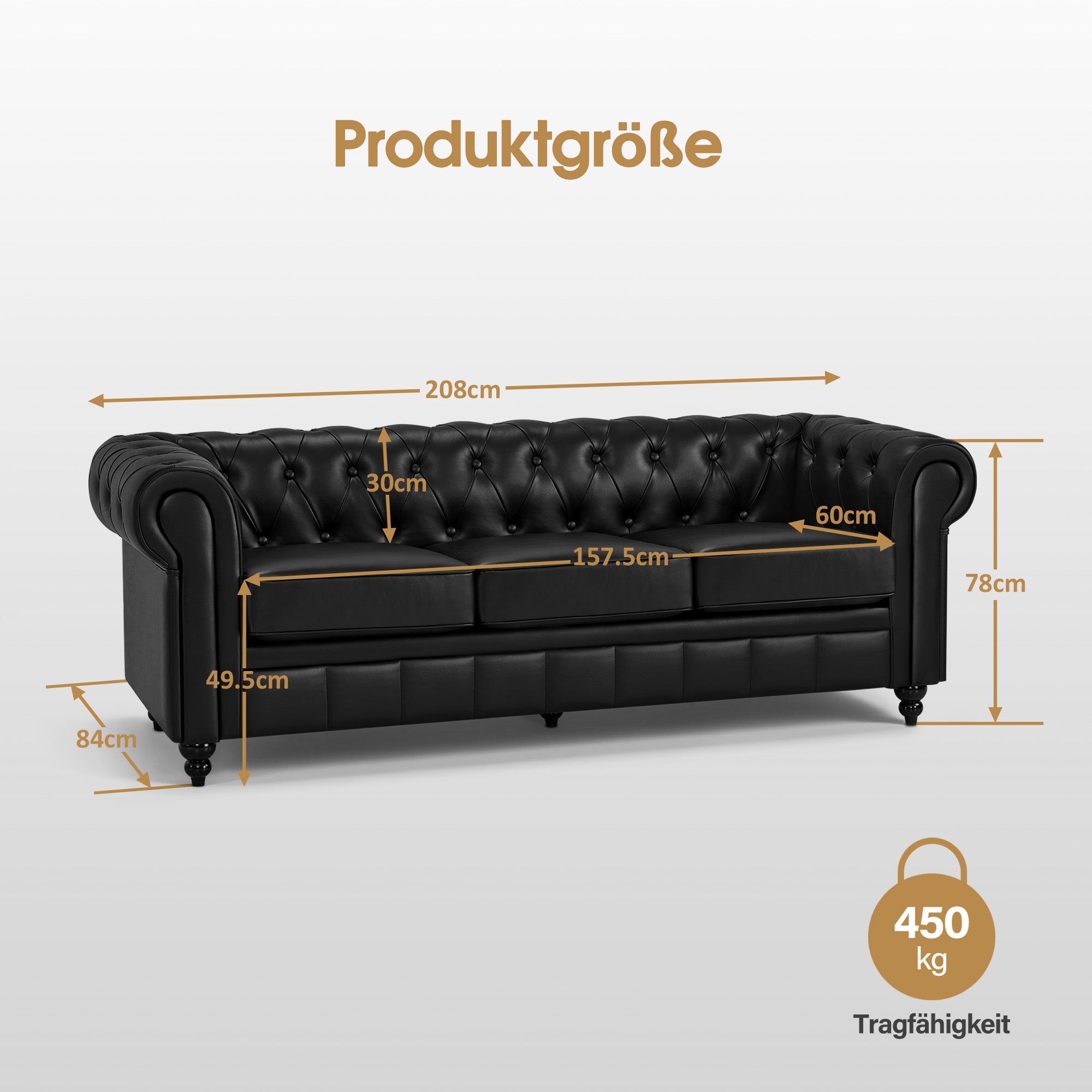 BarberPub Chesterfield Sofa 3-Seater 208cm, Vintage Waiting Bench for Hairdressers, Bench with Backrest & Armrest, 3-Seater Sofa, Classic Salon Furniture W536