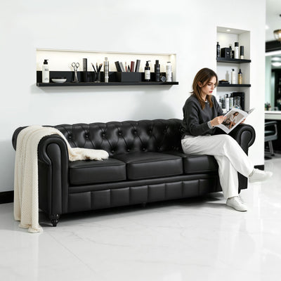 Divano Chesterfield BarberPub a 3 posti da 208 cm, panca d’attesa da parrucchiere vintage, panca con schienale e braccioli, divano a 3 posti, arredamento classico per parrucchieri W536