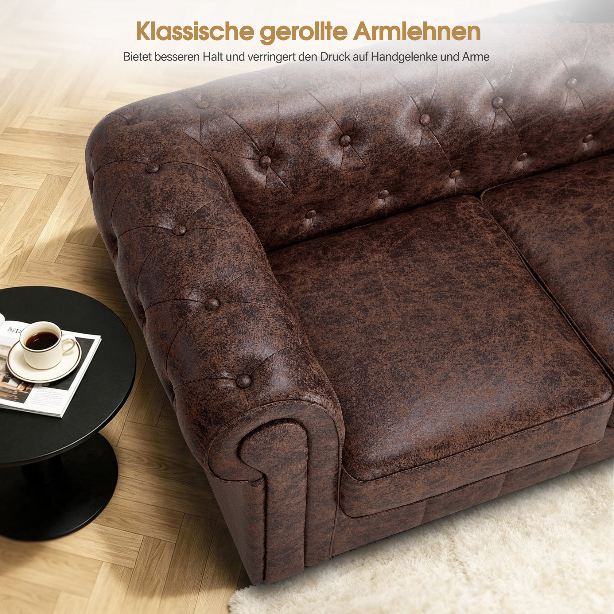 BarberPub Chesterfield Sofa 3-Seater 208cm, Vintage Waiting Bench for Hairdressers, Bench with Backrest & Armrest, 3-Seater Sofa, Classic Salon Furniture W536