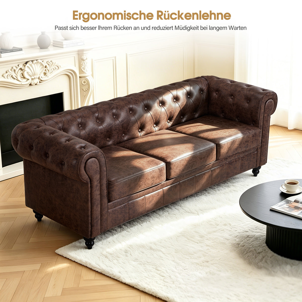 Divano Chesterfield BarberPub a 3 posti da 208 cm, panca d’attesa da parrucchiere vintage, panca con schienale e braccioli, divano a 3 posti, arredamento classico per parrucchieri W536