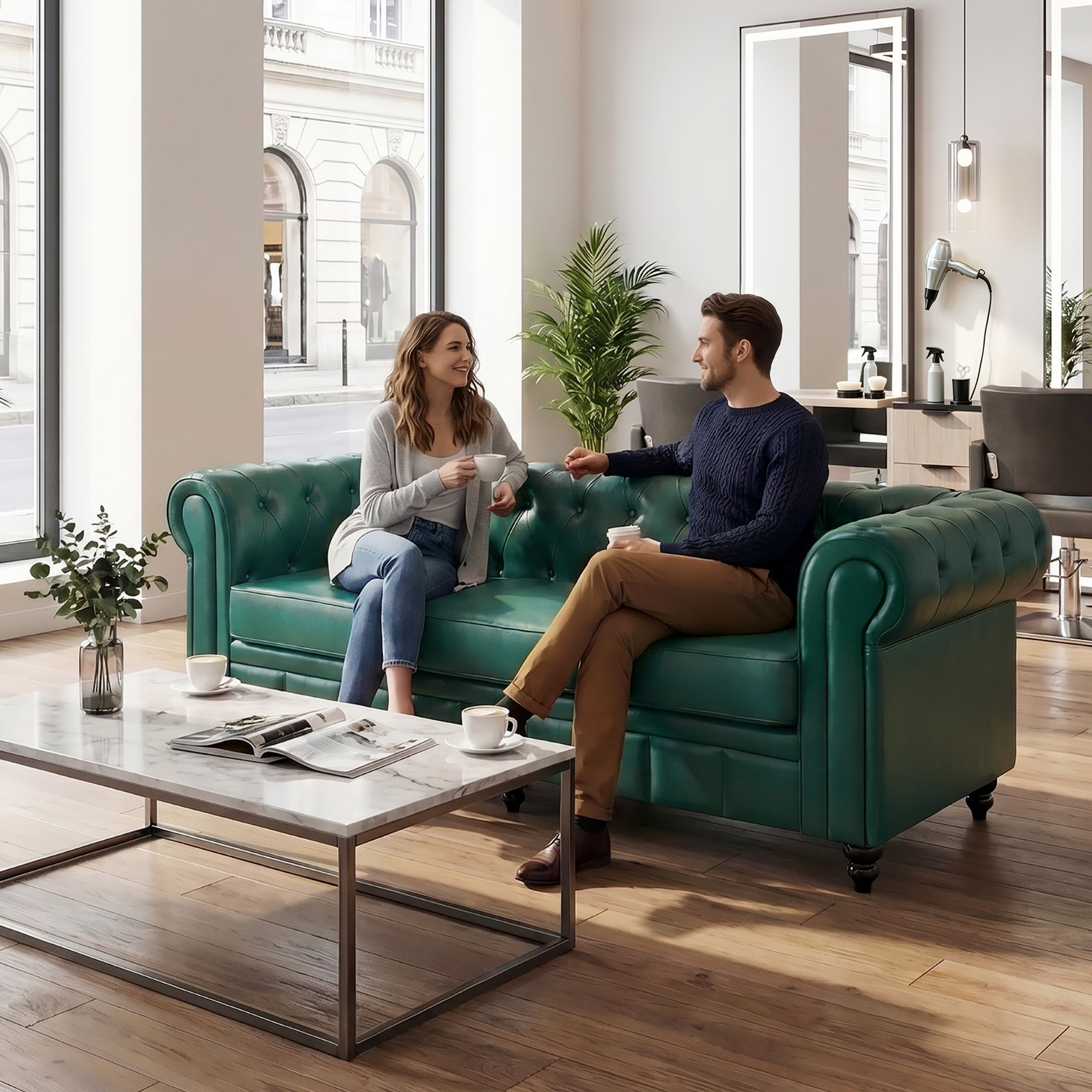 BarberPub Chesterfield Sofa 3-Seater 208cm, Vintage Waiting Bench for Hairdressers, Bench with Backrest & Armrest, 3-Seater Sofa, Classic Salon Furniture W536