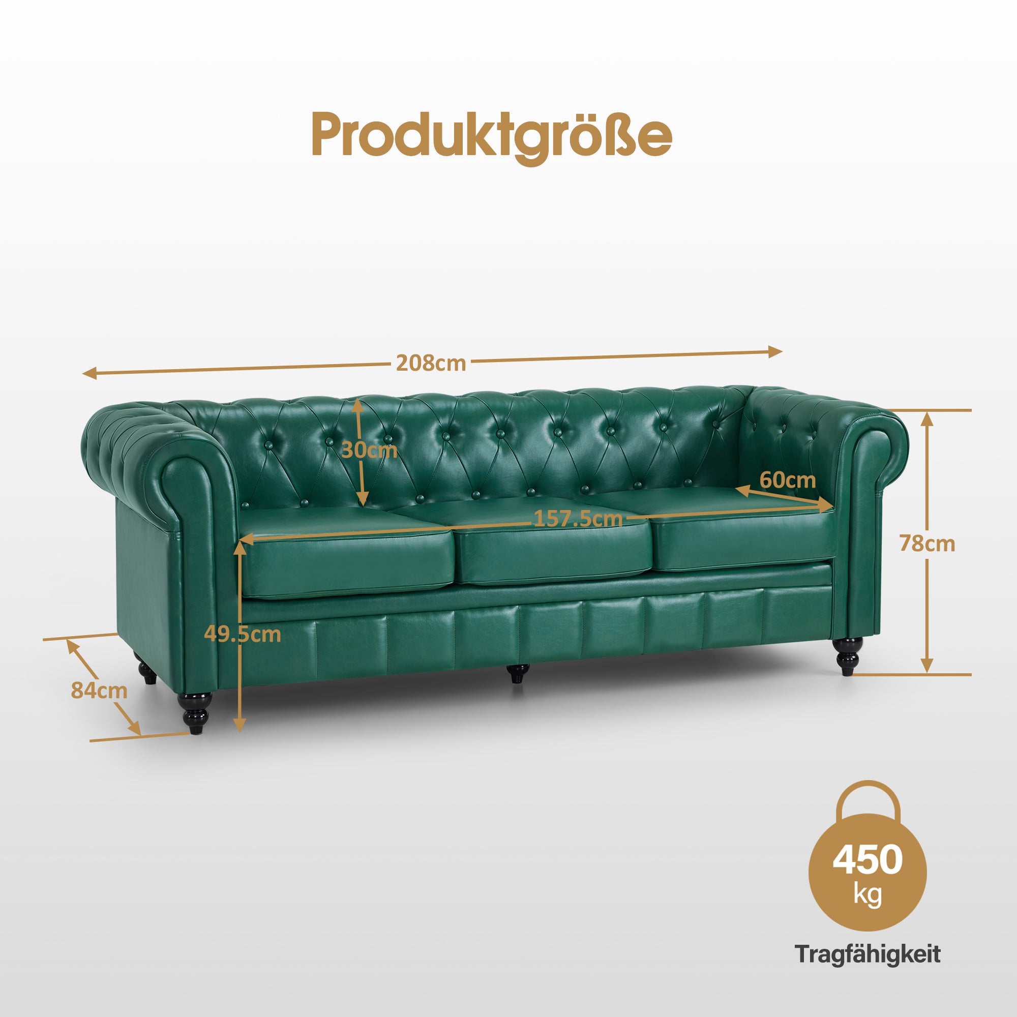 BarberPub Chesterfield Sofa 3-Seater 208cm, Vintage Waiting Bench for Hairdressers, Bench with Backrest & Armrest, 3-Seater Sofa, Classic Salon Furniture W536