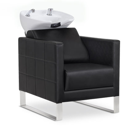 Fauteuil de barbier BarberPub avec lavabo et base en acier inoxydable, lavabo en céramique réglable, fauteuil de lavage pour salon de coiffure SPA 8611