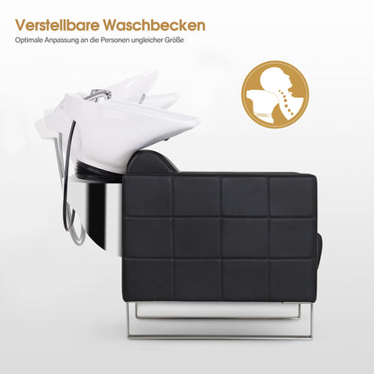 Fauteuil de barbier BarberPub avec lavabo et base en acier inoxydable, lavabo en céramique réglable, fauteuil de lavage pour salon de coiffure SPA 8611