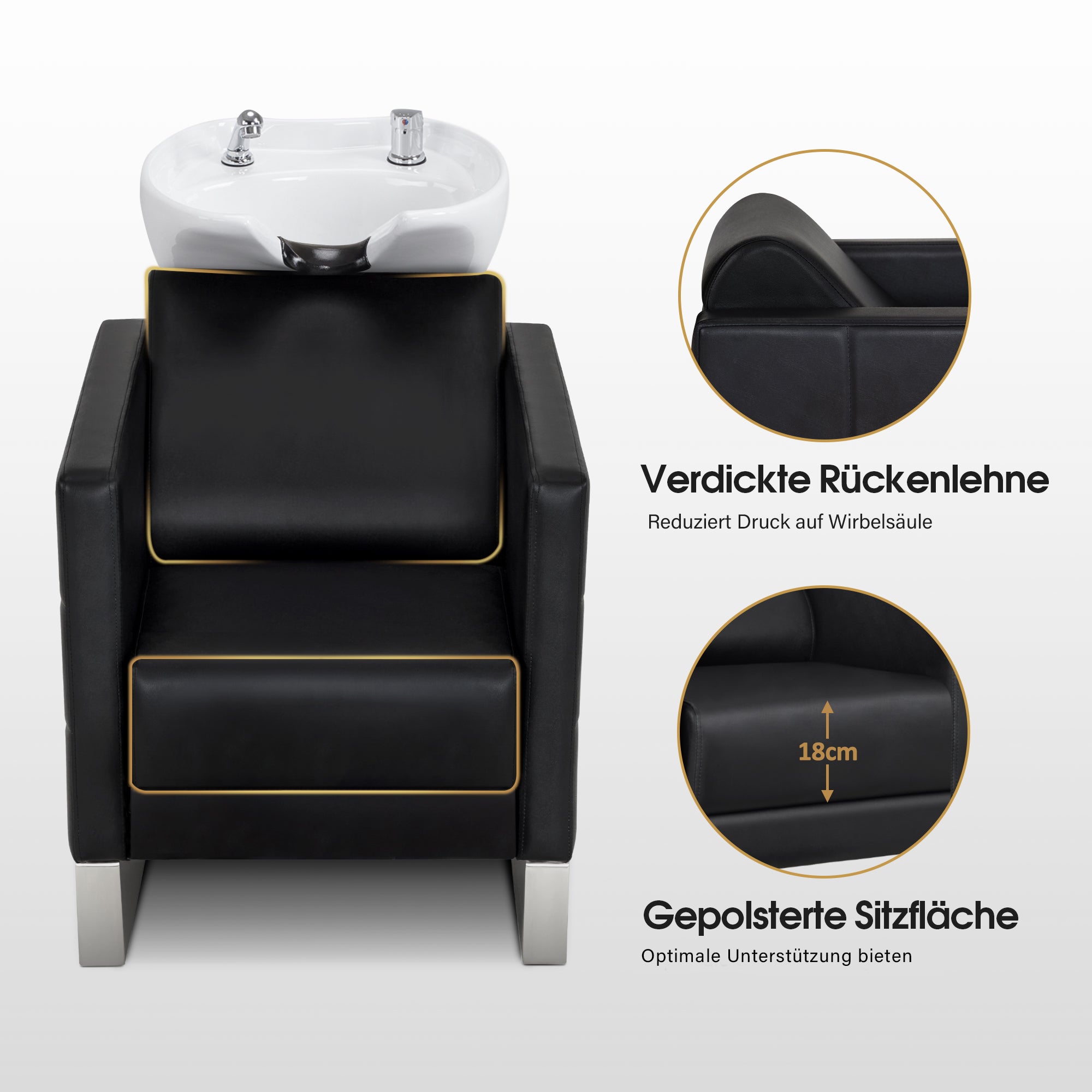 Fauteuil de barbier BarberPub avec lavabo et base en acier inoxydable, lavabo en céramique réglable, fauteuil de lavage pour salon de coiffure SPA 8611