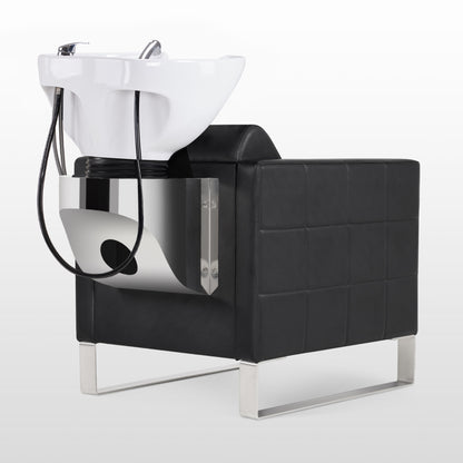 Fauteuil de barbier BarberPub avec lavabo et base en acier inoxydable, lavabo en céramique réglable, fauteuil de lavage pour salon de coiffure SPA 8611