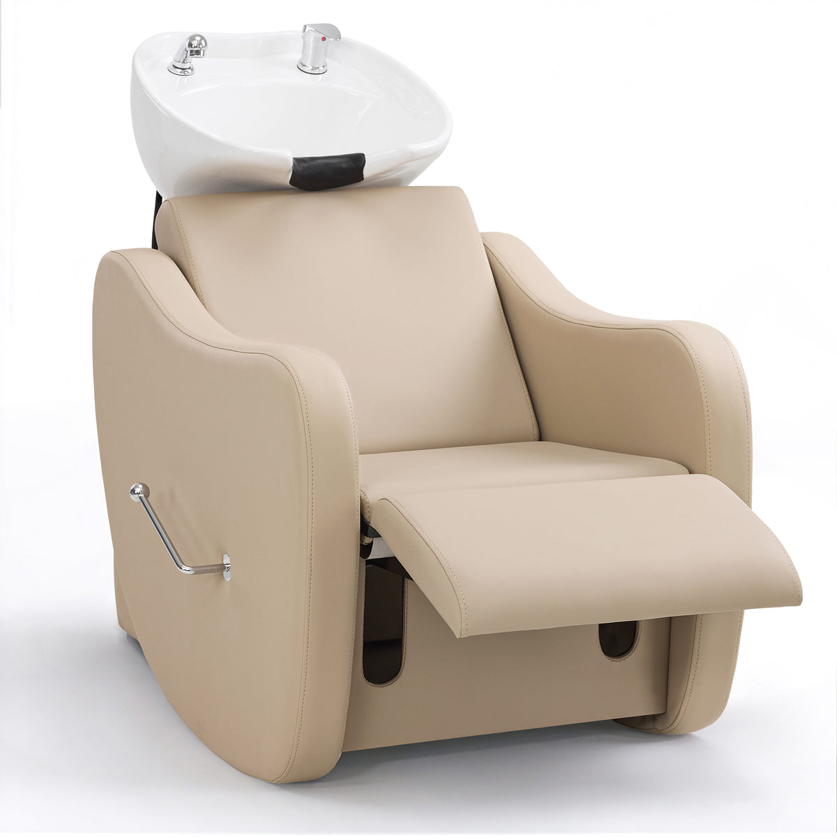 BarberPub Friseurstuhl mit Waschbecken, Klappbare Beinstütze, Friseurwaschbecken aus Keramik Verstellbar, Moderner Friseurwaschsessel für SPA Salon, Friseur Waschplatz 8617 (Beige/Kunstleder)