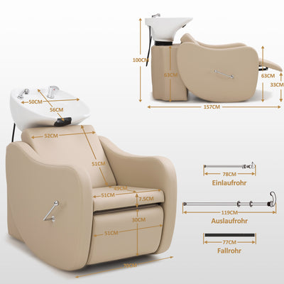 BarberPub Friseurstuhl mit Waschbecken, Klappbare Beinstütze, Friseurwaschbecken aus Keramik Verstellbar, Moderner Friseurwaschsessel für SPA Salon, Friseur Waschplatz 8617 (Beige/Kunstleder)