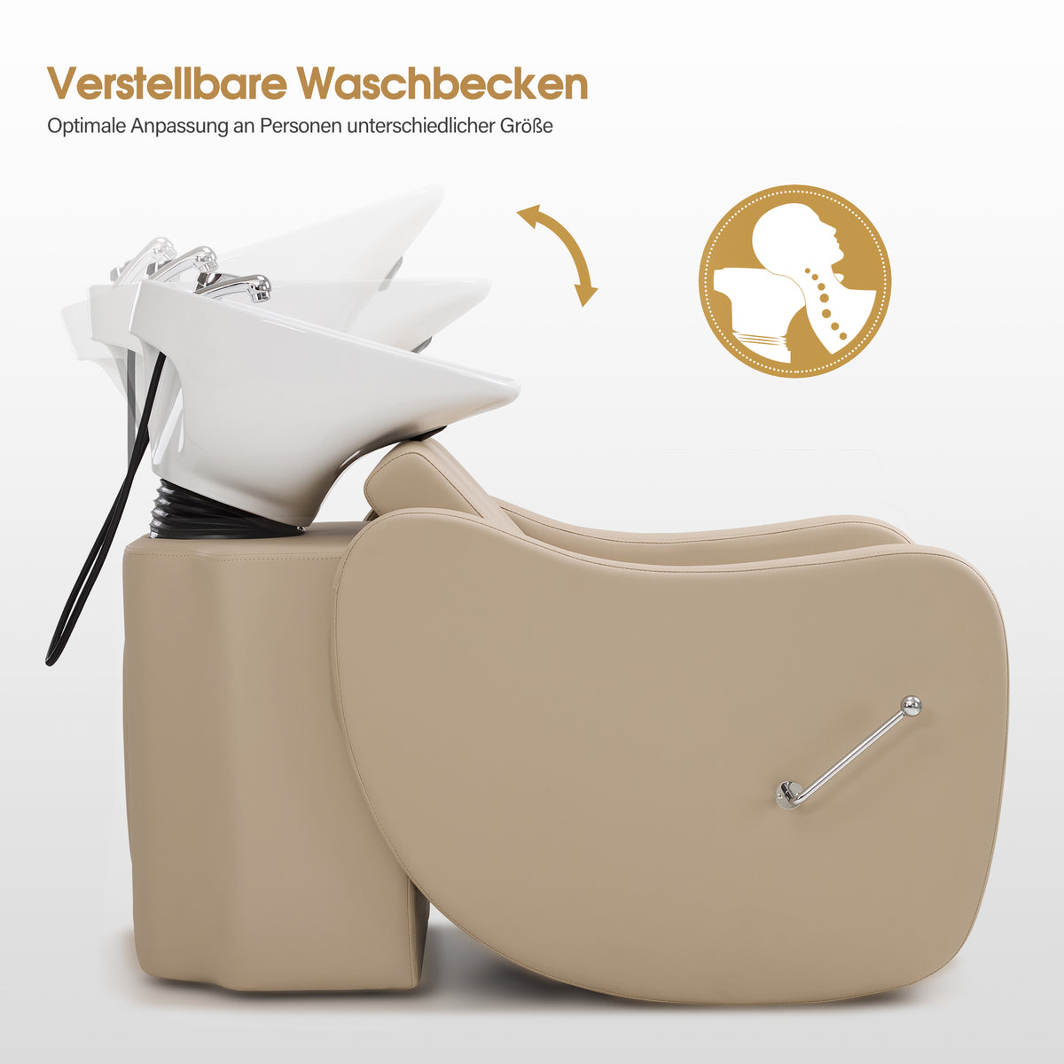 BarberPub Friseurstuhl mit Waschbecken, Klappbare Beinstütze, Friseurwaschbecken aus Keramik Verstellbar, Moderner Friseurwaschsessel für SPA Salon, Friseur Waschplatz 8617 (Beige/Kunstleder)