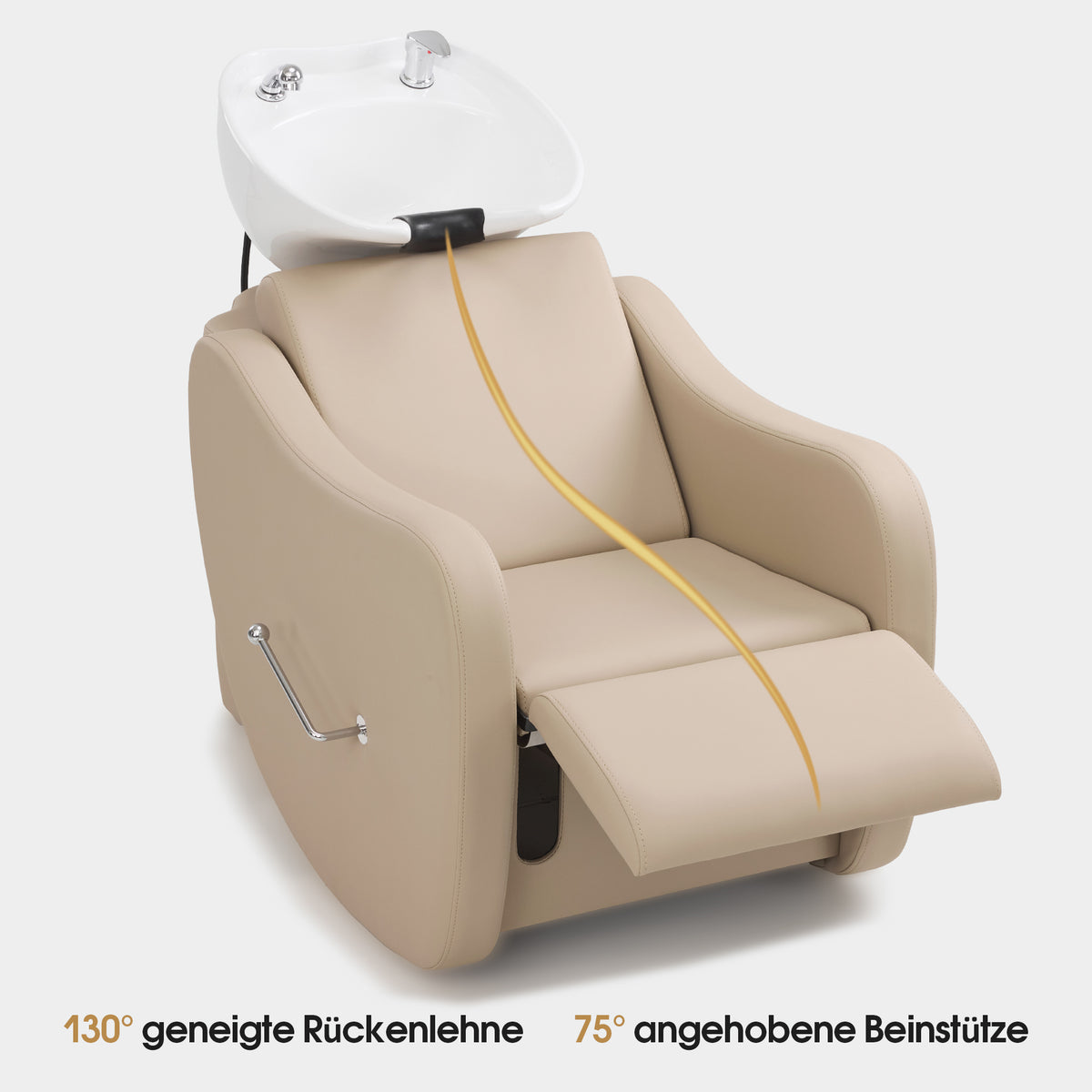 BarberPub Friseurstuhl mit Waschbecken, Klappbare Beinstütze, Friseurwaschbecken aus Keramik Verstellbar, Moderner Friseurwaschsessel für SPA Salon, Friseur Waschplatz 8617 (Beige/Kunstleder)